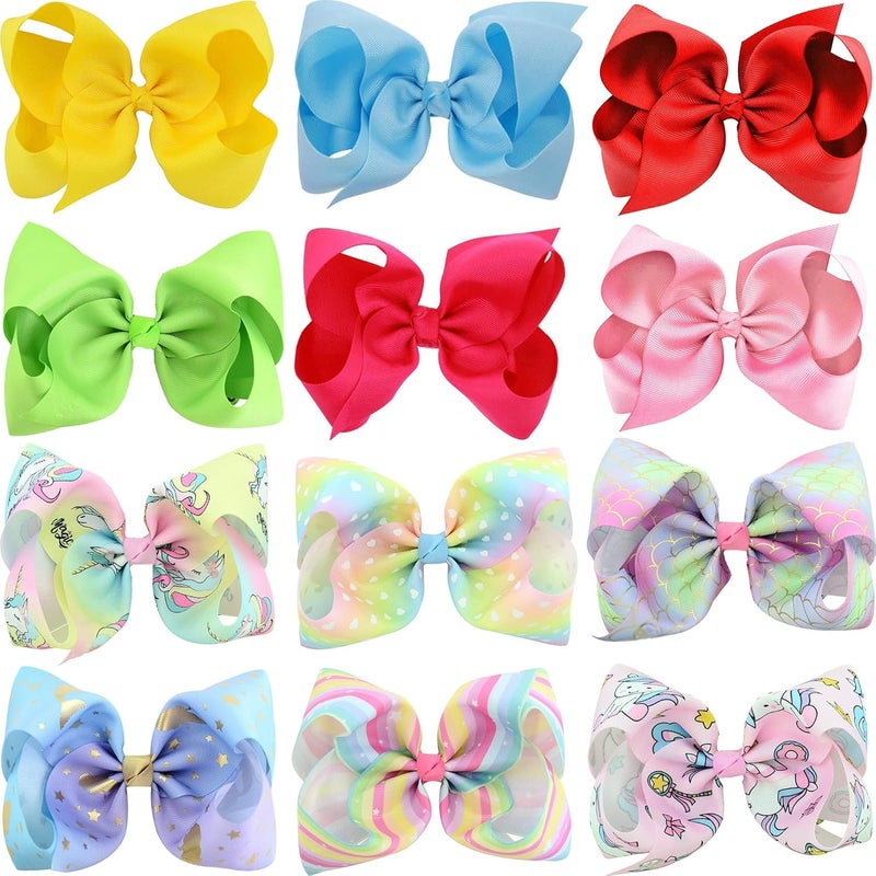 Eyegla Hair Bows For Girls Large Bow Hair Clips Girl Hair Bows For Hair 6 Inch Grosgrain Ribbon Hair Accessories Pack of 12 Color - Image 1